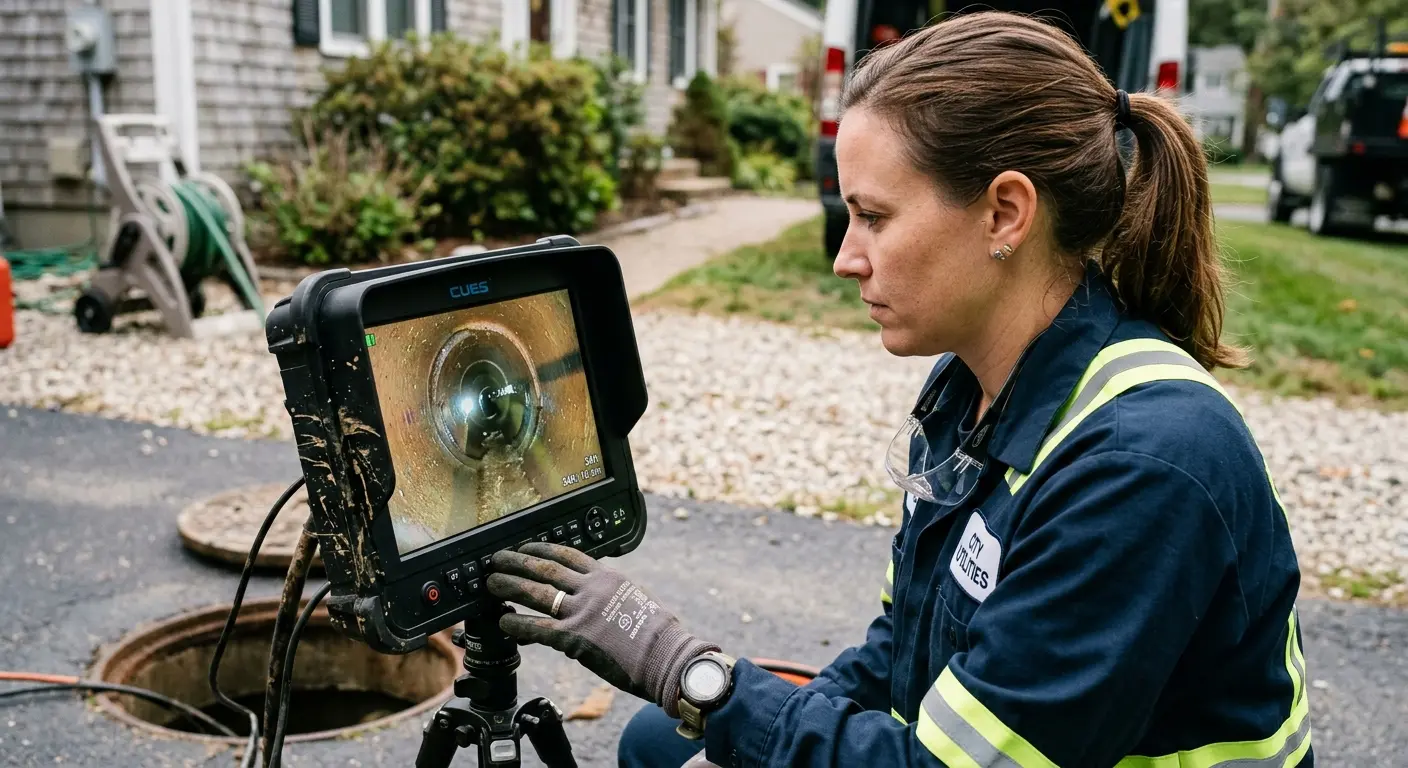Technician reviewing sewer camera inspection footage in Williston