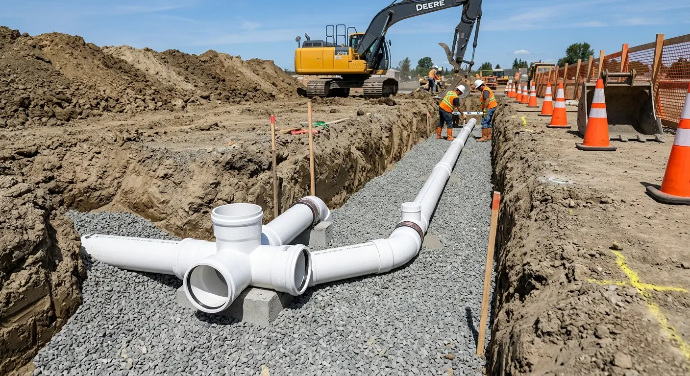New PVC sewer pipe installation in open trench for Sewer Camera Inspection in Williston