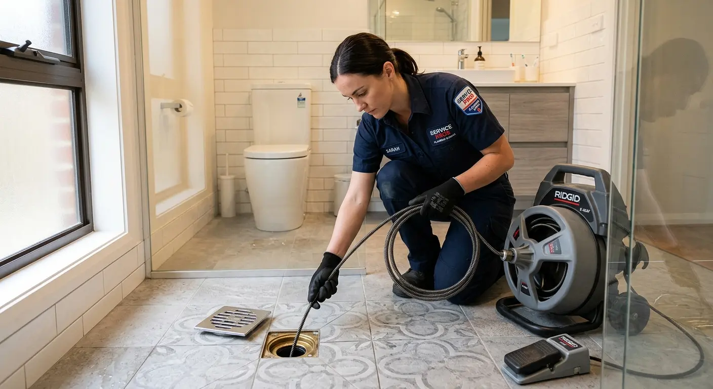 Technician clearing a bathroom floor drain for Sewer Line Replacement in Williston
